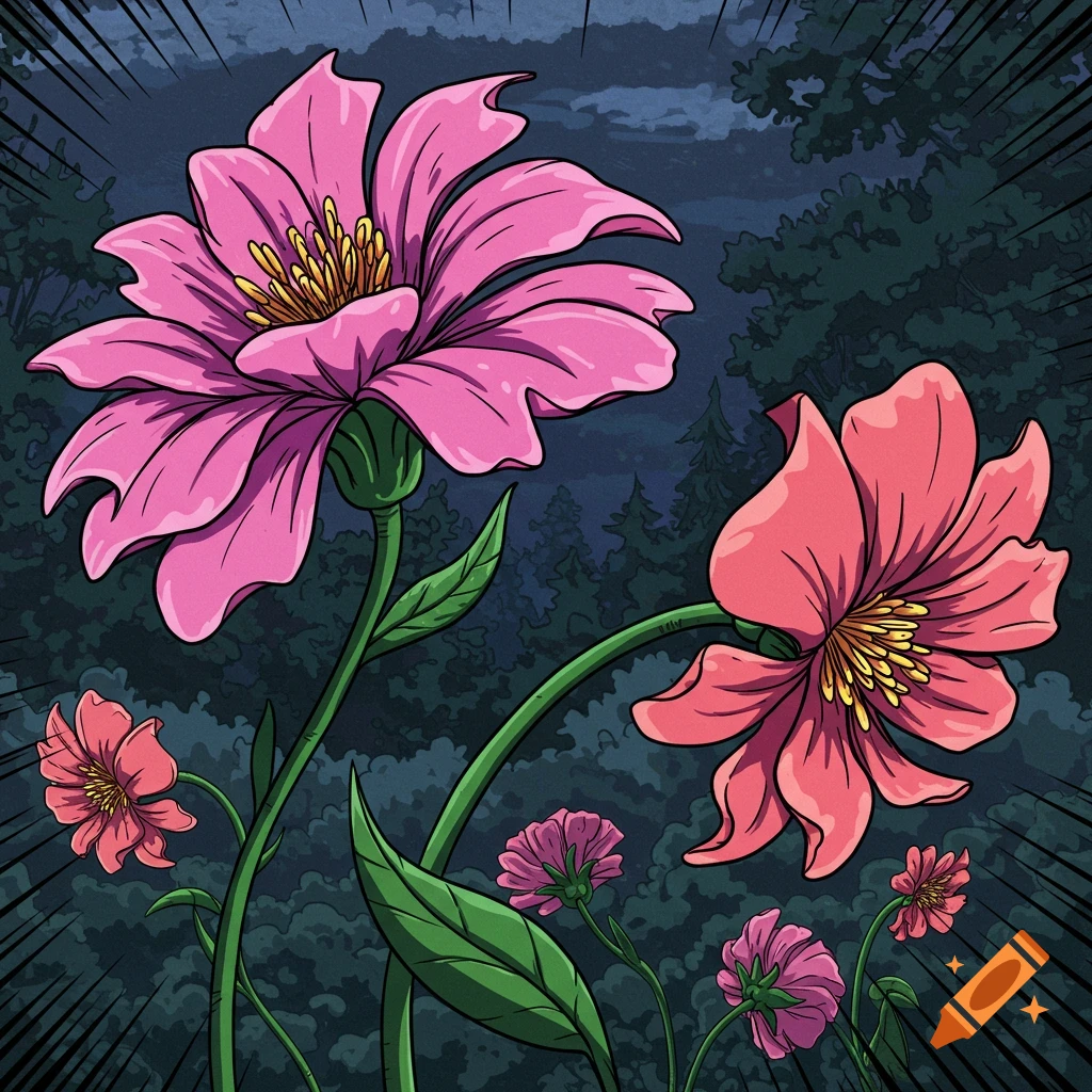 Stylized pink and red flowers against a dark forest background in a comic manga style.