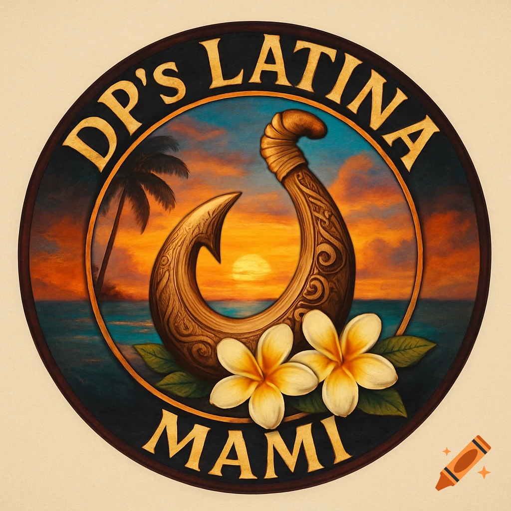Circular logo with a Polynesian hook, tropical sunset, plumeria flowers, and text