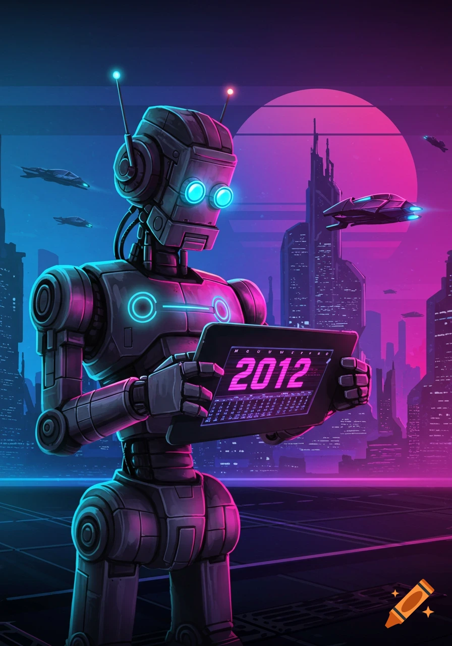 Retro-style image of a robot in a futuristic city, holding a tablet displaying '2012'