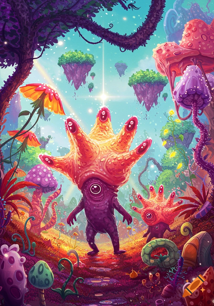 Two alien creatures are depicted in a vibrant fantasy forest filled with giant mushrooms and floating islands. The image is rich in color.