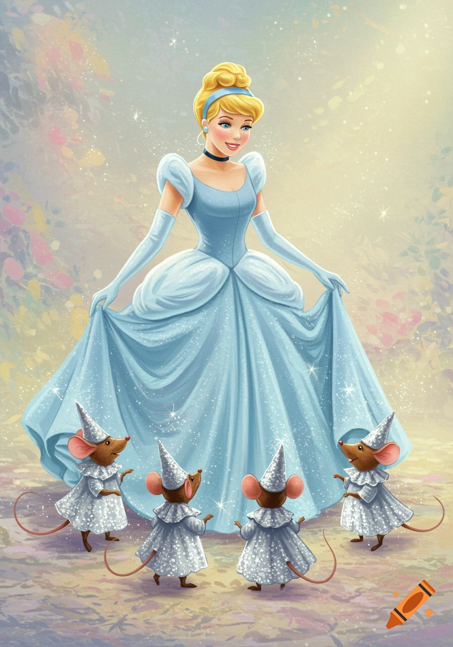 A picture of Cinderella in a blue dress with four mice in silver outfits.
