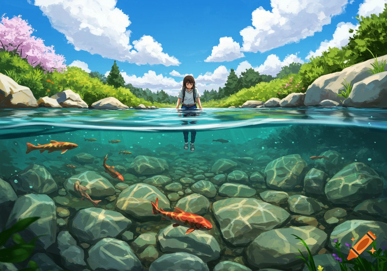 Anime split view of a person in a clear river with fish and rocks below, with a lush landscape and sky above.
