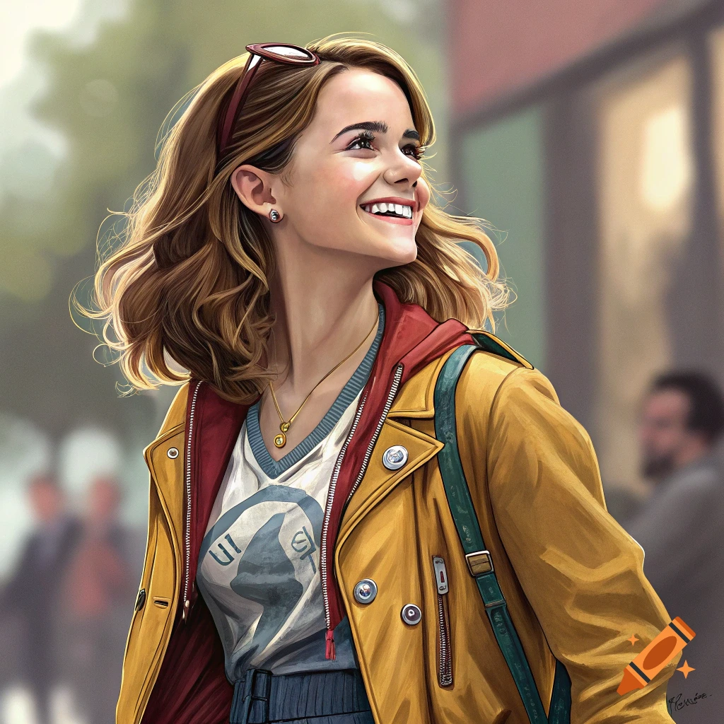 A smiling woman with long hair in a yellow coat walks outdoors.