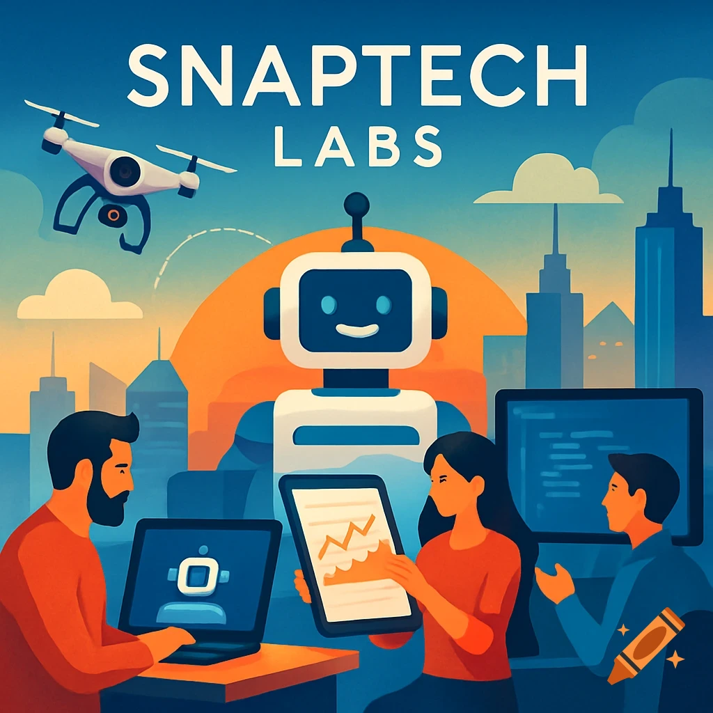 Illustration of a team working with a robot and drone in a city, with 'SNAPTECH LABS' text.