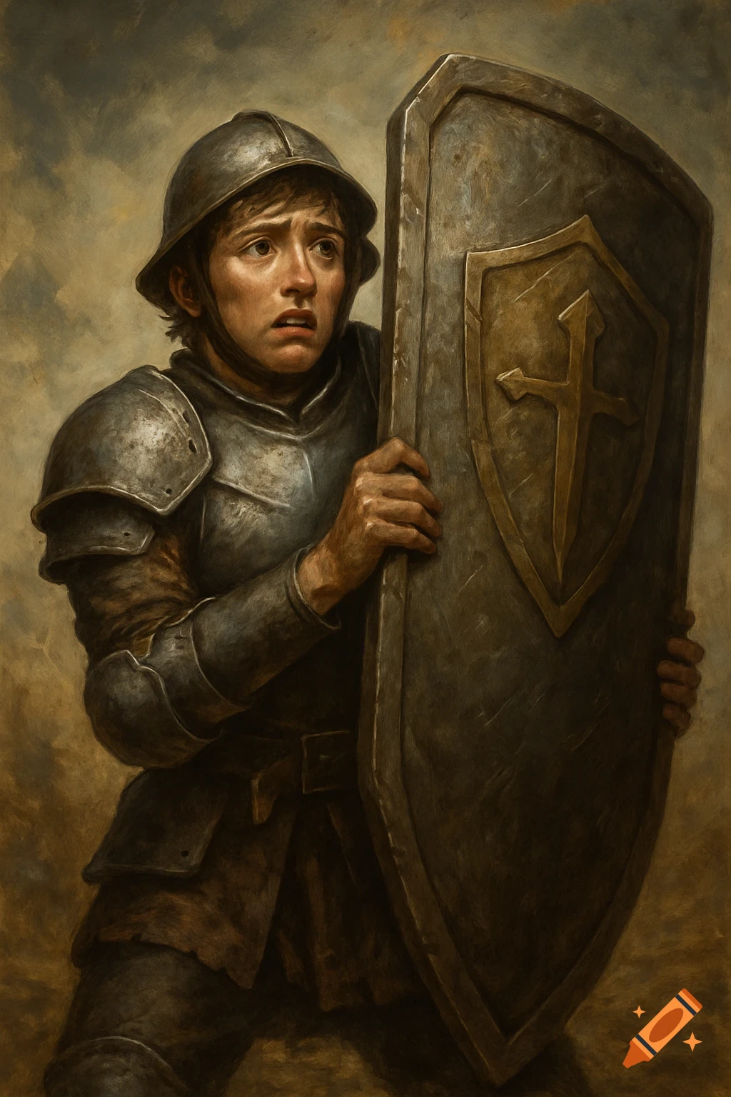 A young soldier in metal armor holds a large shield with a worried expression in a painterly style.