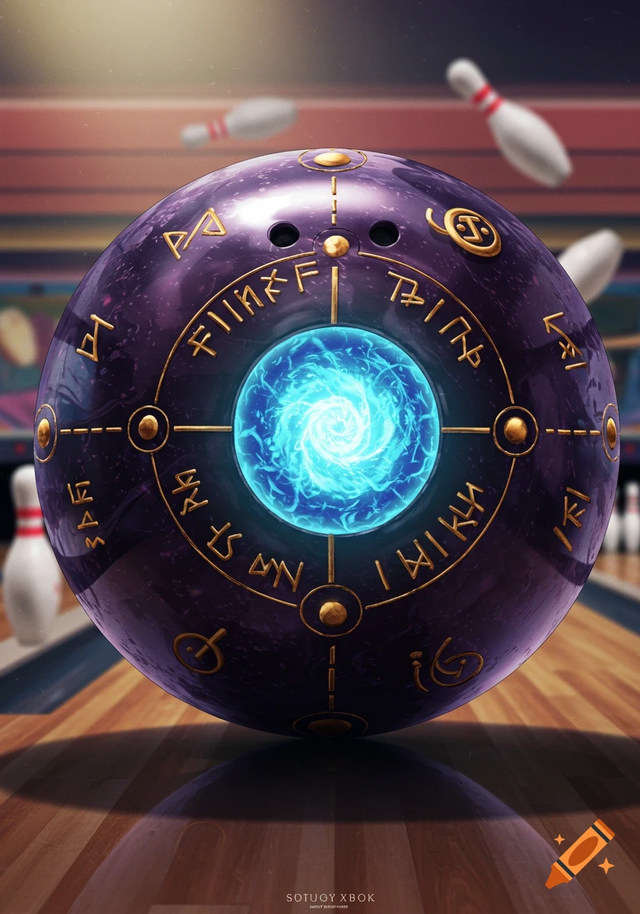 A purple bowling ball with gold runes and a glowing blue center sits on a lane in a bowling alley.