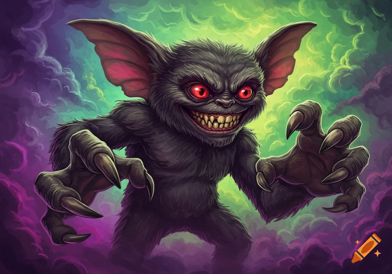 A spooky gremlin with big ears, red eyes, and sharp claws stands in purple and green smoke.