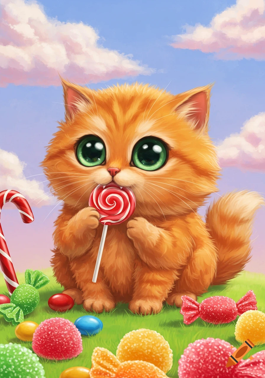 A cute cartoon ginger cat with large green eyes sits on grass and licks a red and white swirled lollipop, surrounded by colorful candy.