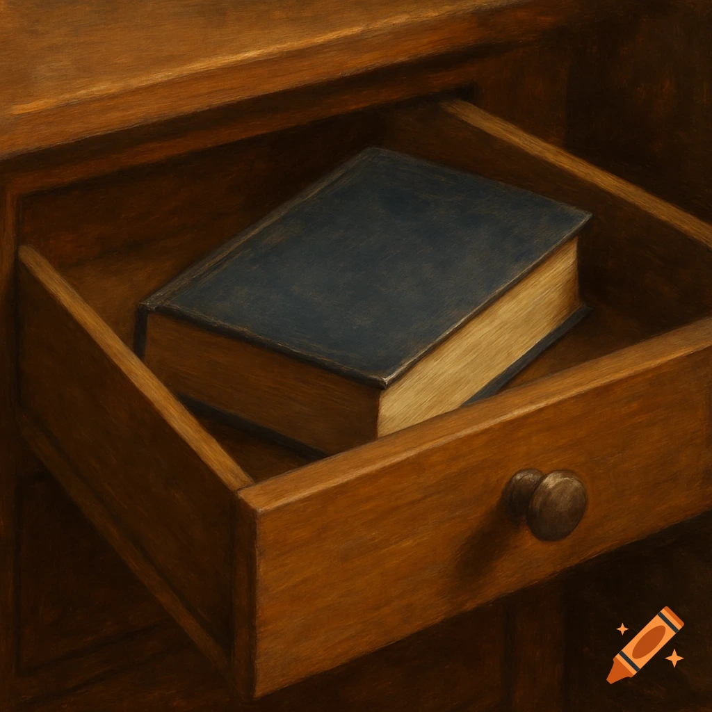 A dark blue book in an open wooden drawer.