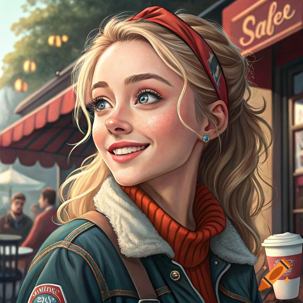 Digital art portrait of a young woman smiling in front of a cafe, holding a coffee cup.
