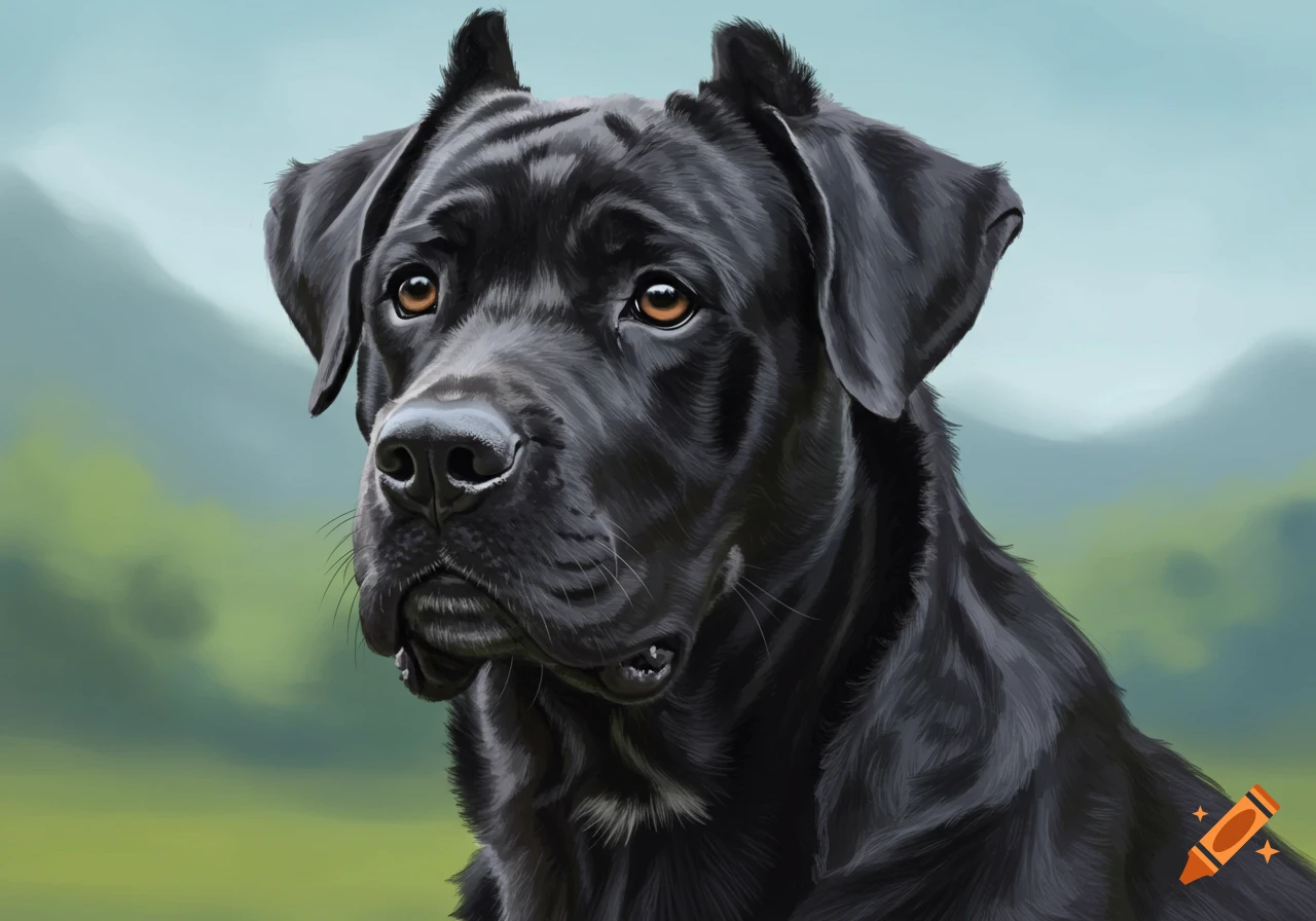 Portrait painting of a black dog with amber eyes and pointed ears against a landscape background.