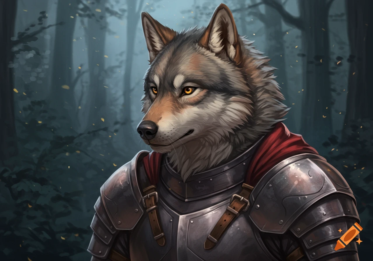 Anthro wolf in knight armor in a forest