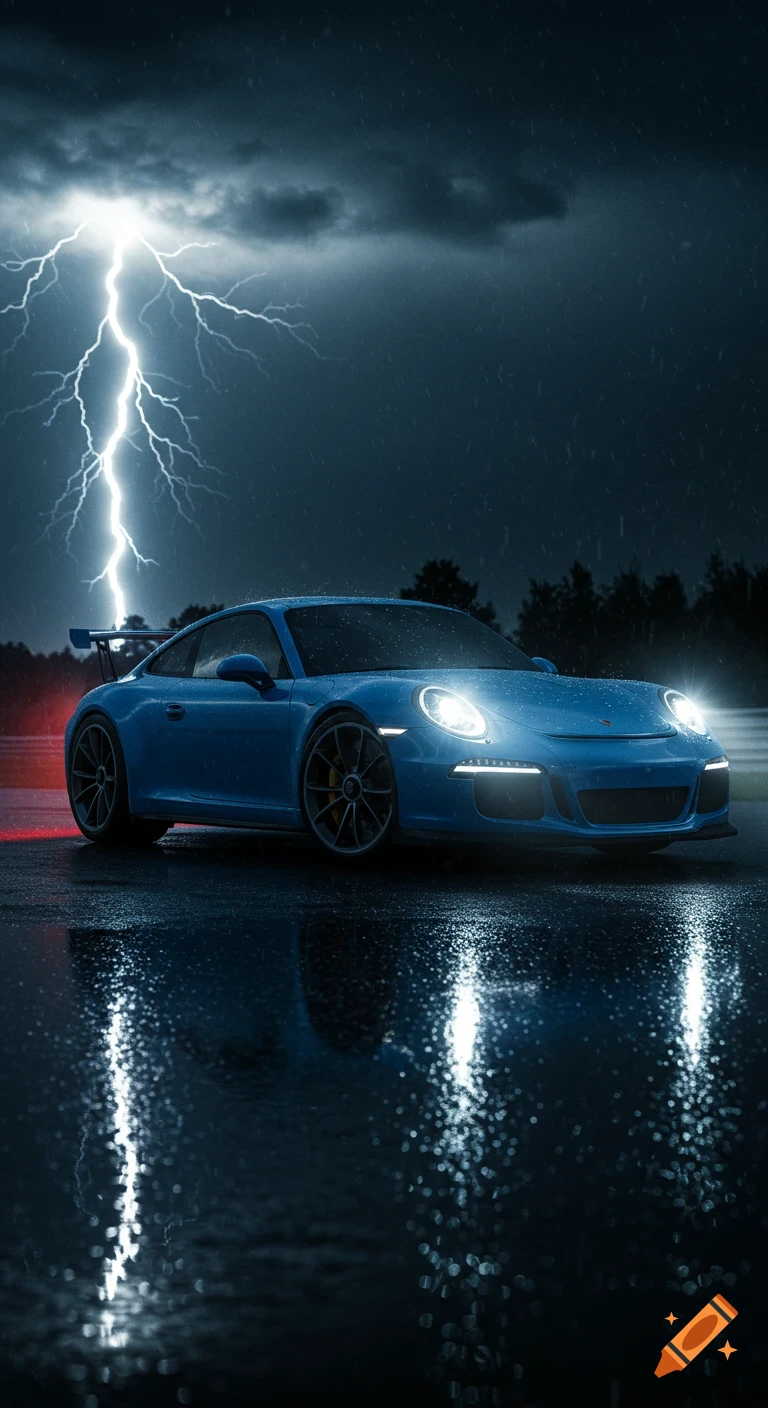 Blue Porsche 911 GT3 on a wet track at night during a thunderstorm with lightning.