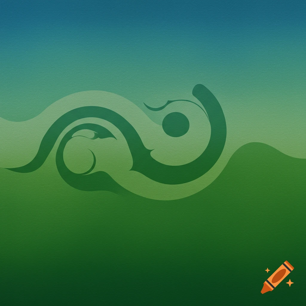 Abstract design with green swirling shapes against a blue and green gradient background.