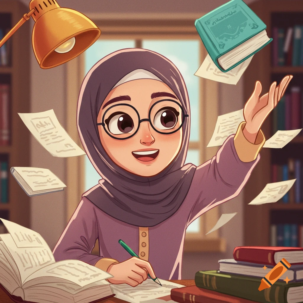 Animated illustration of a woman in hijab and glasses studying at a desk with books and papers