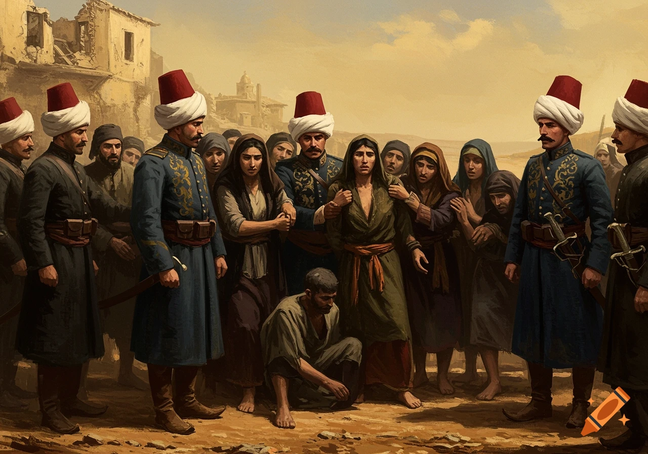 Historical painting of Ottoman soldiers holding Armenian captives in a desert landscape.