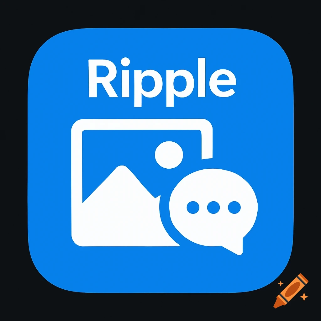 A blue square app icon with rounded corners. The word Ripple is at the top, and symbols for a photo and chat bubble are below.