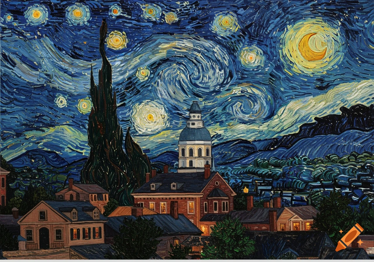 Annapolis townscape at night in the style of Van Gogh's Starry Night.