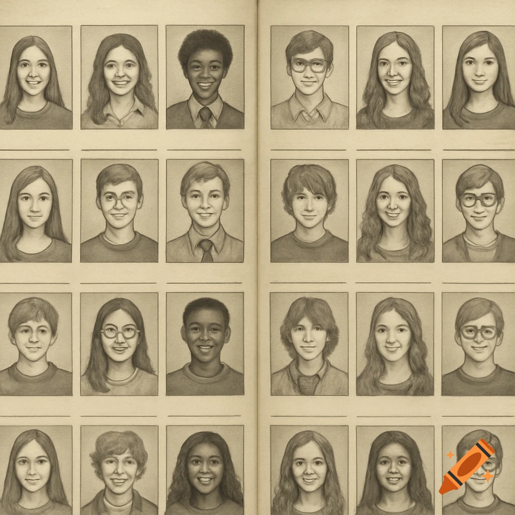 Pencil drawings of portraits of young people arranged on yearbook pages.