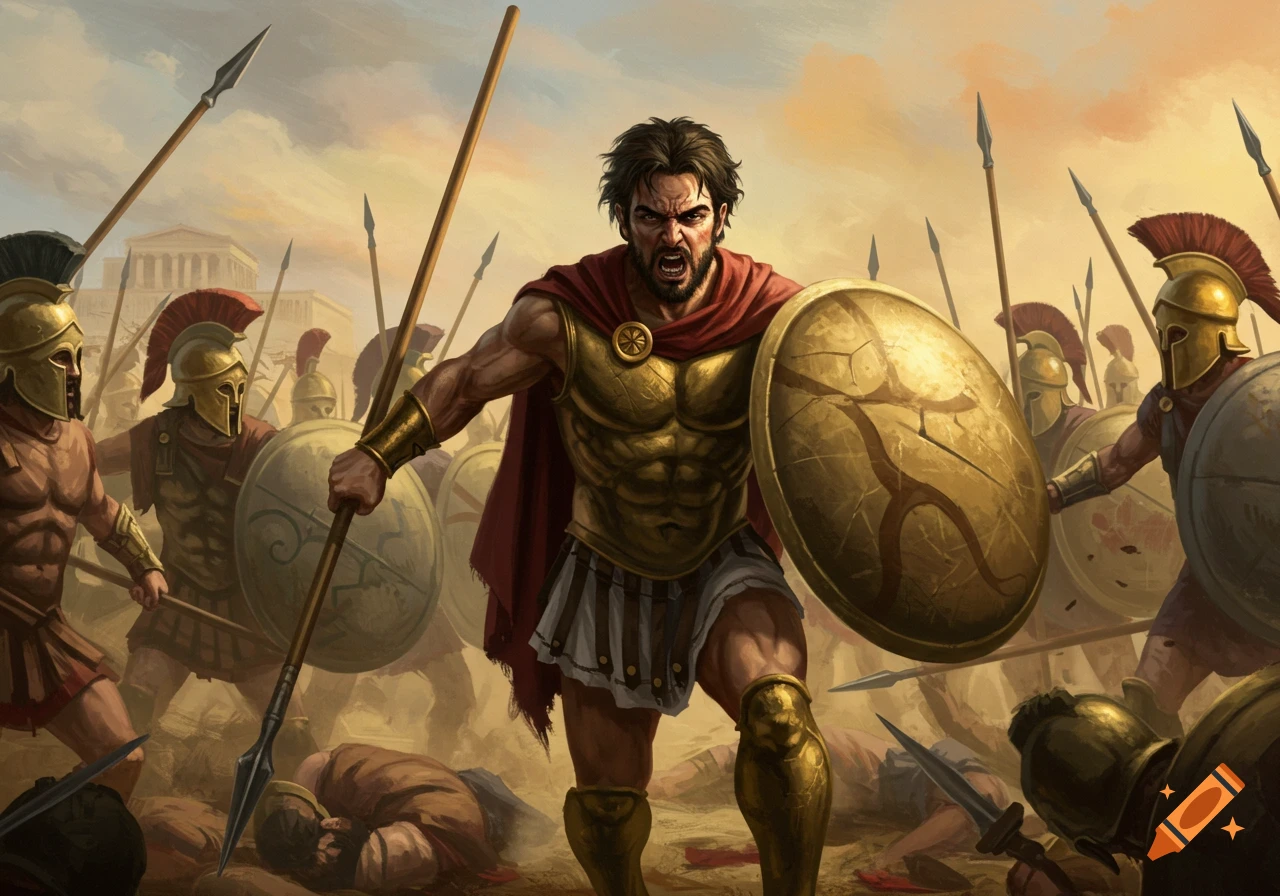 A warrior leads an army charge on a battlefield.
