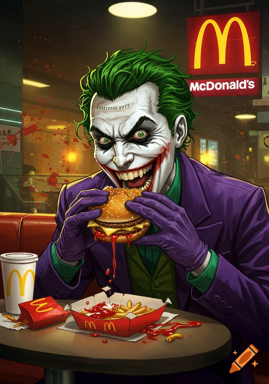 Digital painting of The Joker eating a hamburger and fries at McDonald's, blood splattered