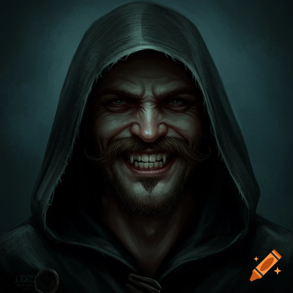 Hooded man with fangs grinning menacingly