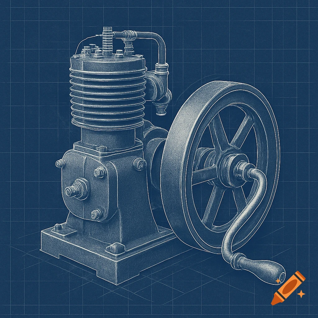 Blueprint illustration of an old hand crank engine