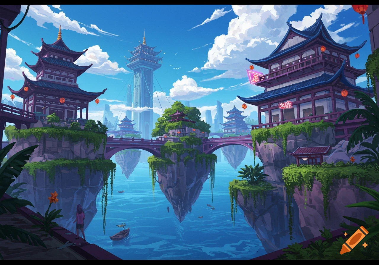 Fantasy digital painting of an East Asian city on floating islands above water with traditional buildings.