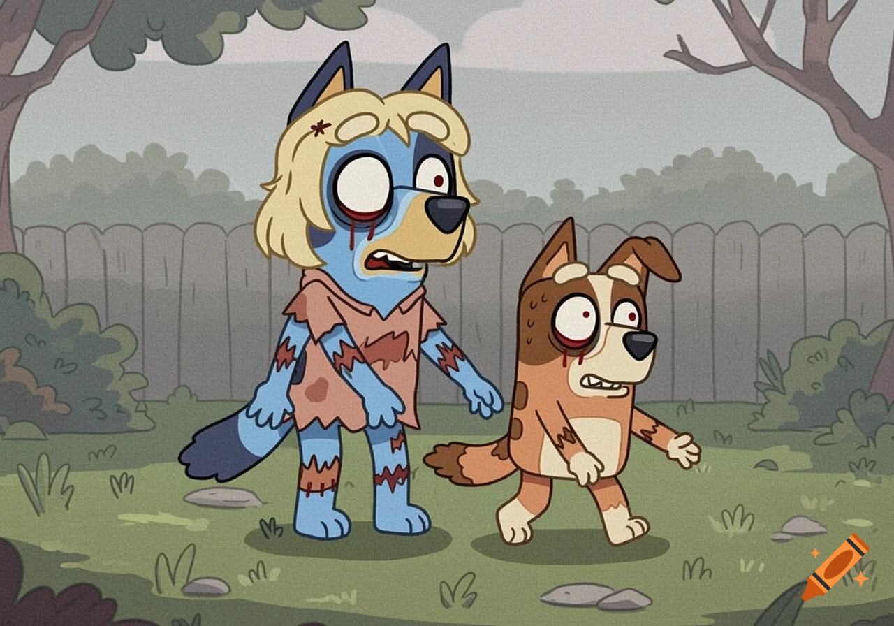 Cartoon blue and brown dogs dressed as zombies walk through a yard in the Bluey art style.
