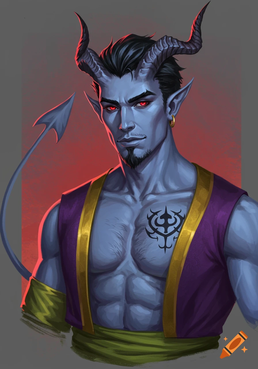Portrait of a muscular blue-skinned male tiefling with horns, red eyes, stubble, and a chest tattoo, wearing purple and gold clothing.