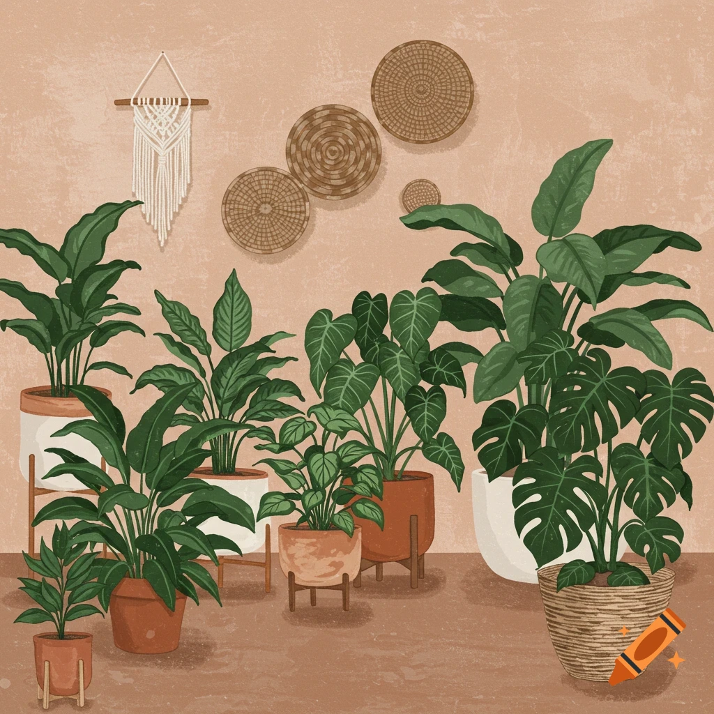 Several potted houseplants, macrame, and woven wall decor in a room.