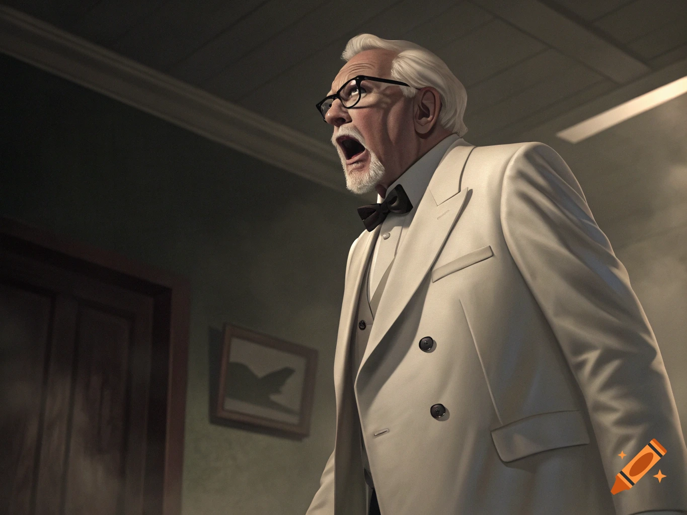 Digital art portrait of Colonel Sanders looking scared.