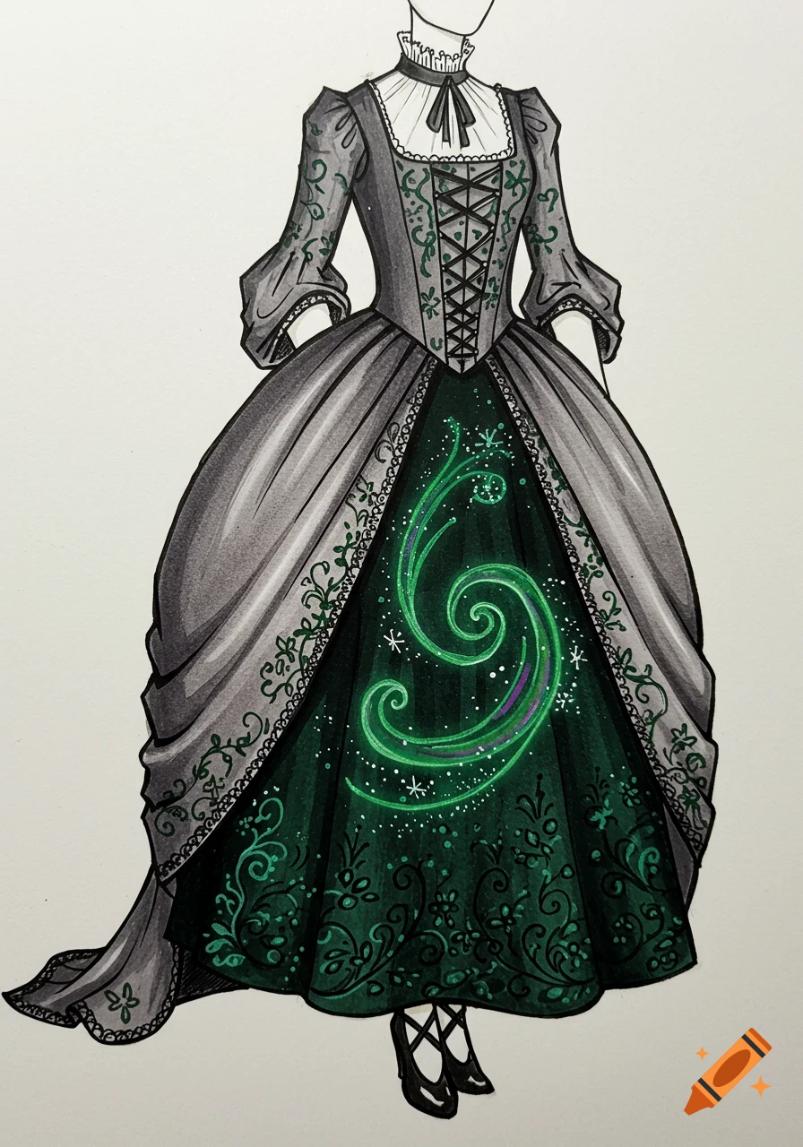 Fashion sketch of a 1660s style dress with magical green swirls.