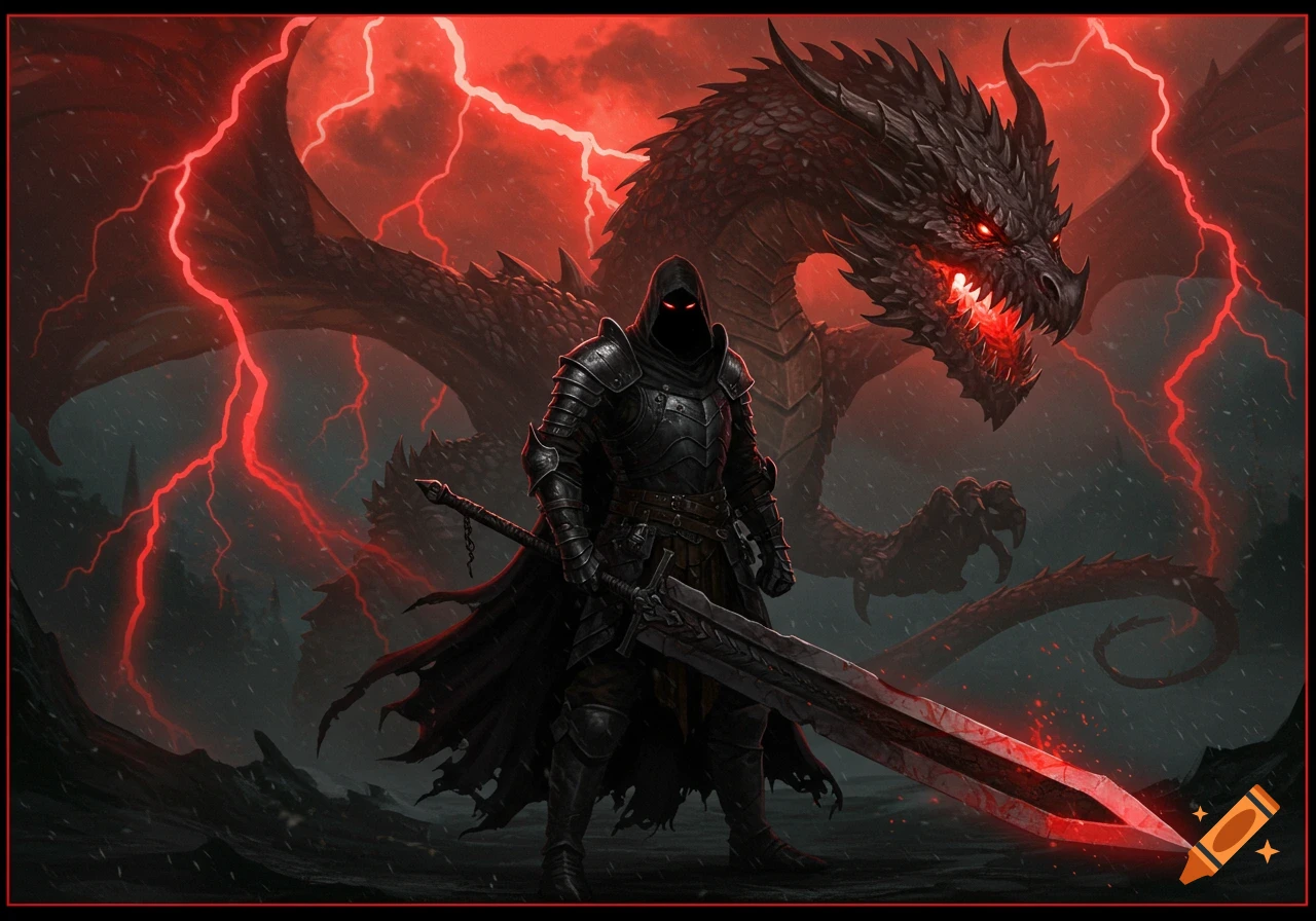 A shadow warrior with a large sword stands before a massive red-lit dragon during a lightning storm in a digital painting.