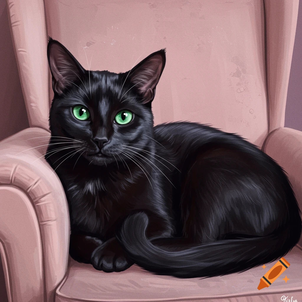 A black cat sits on a pink armchair.
