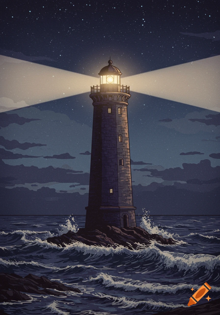 A lighthouse stands on rocks at night with waves crashing and stars in the sky.