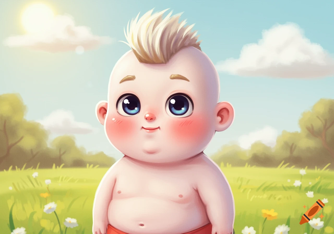 A cute, chubby cartoon baby with a blond mohawk smiles while standing in a sunny green field.