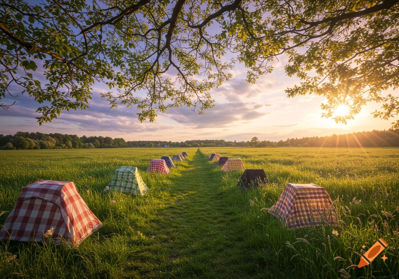 Path through a grassy field lined with small colorful covered objects leading towards a bright sunset