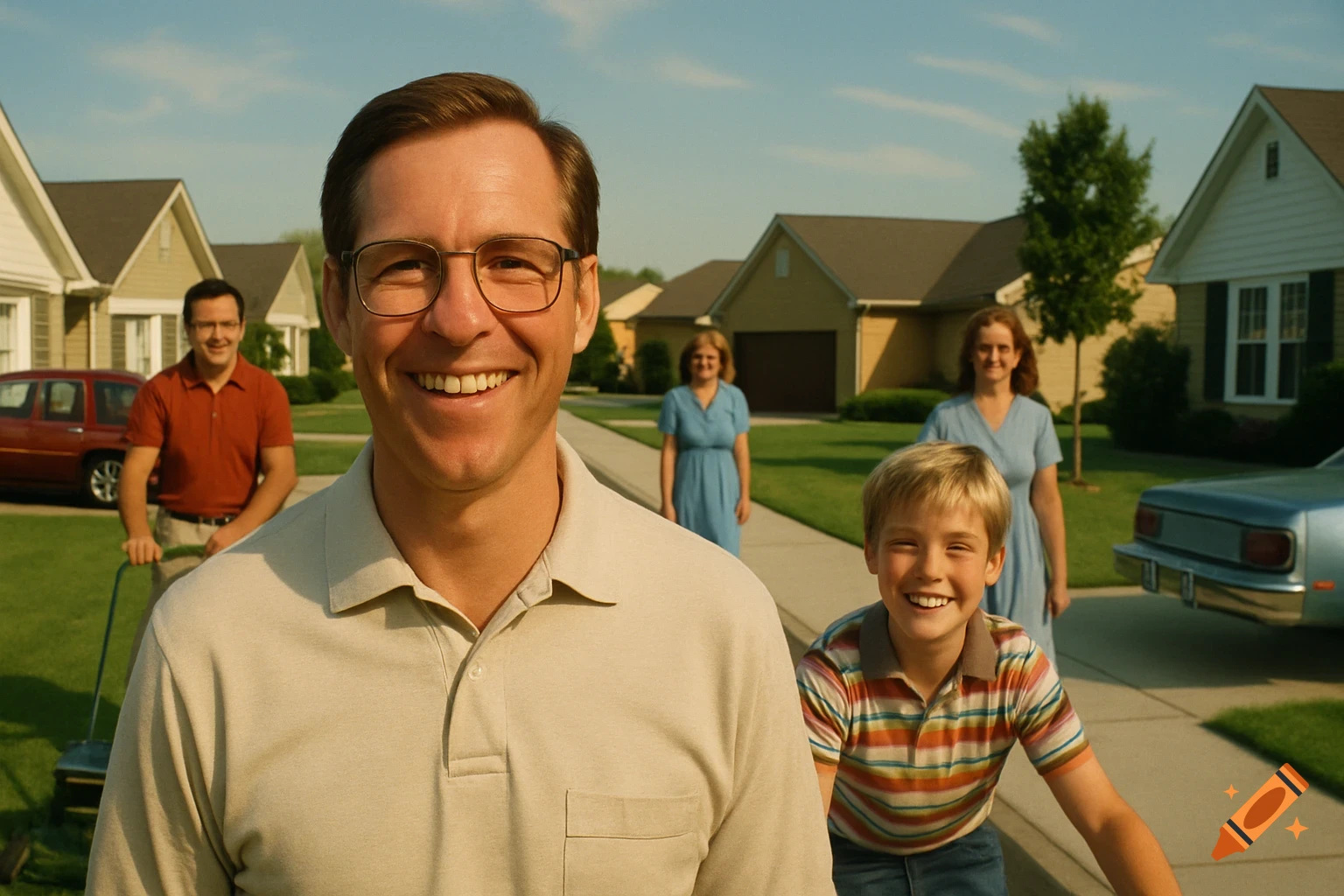 Man and boy smiling on a suburban street with family, houses, and cars behind them.