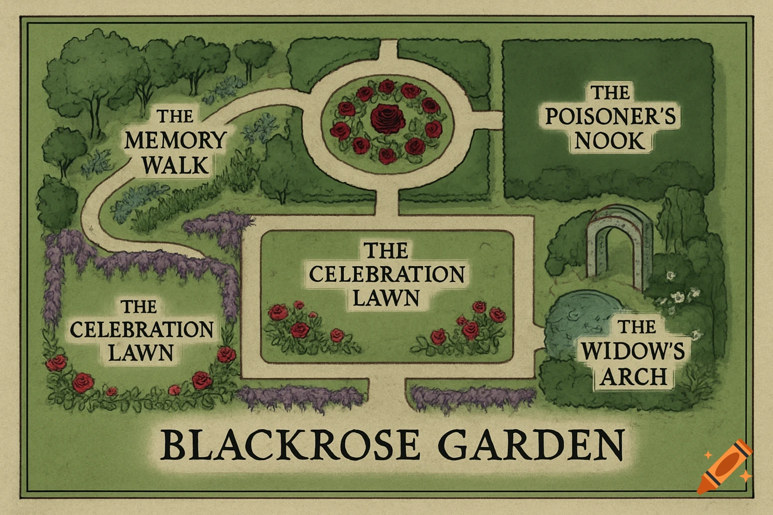 Hand-drawn map of Blackrose Garden, showing labeled areas like The Memory Walk, The Celebration Lawn, The Poisoner's Nook, and The Widow's Arch.