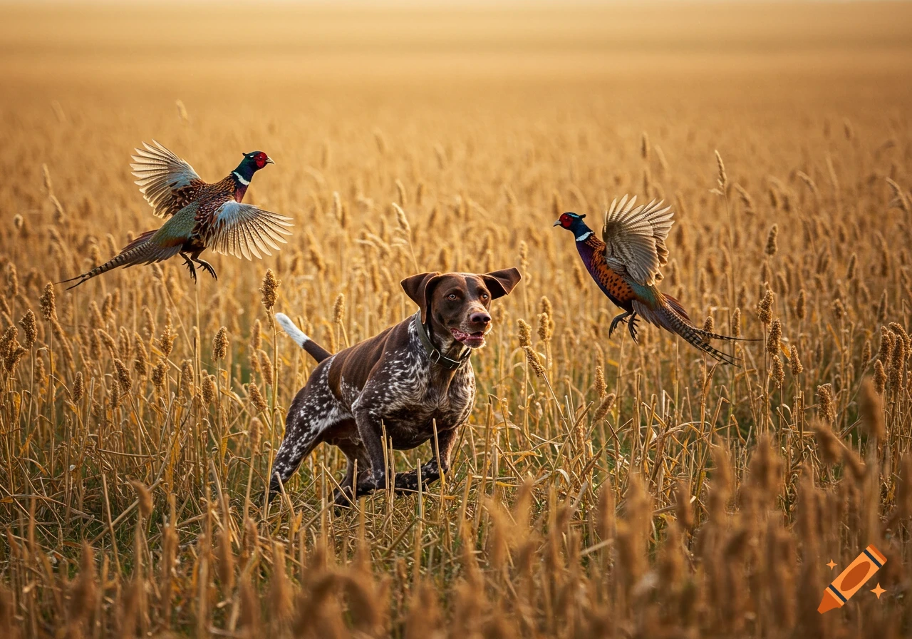A German Shorthaired Pointer flushes two pheasants in a field of grain.