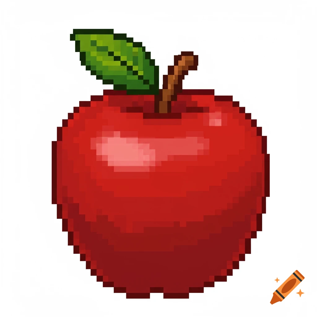 Pixel art red apple with green leaf