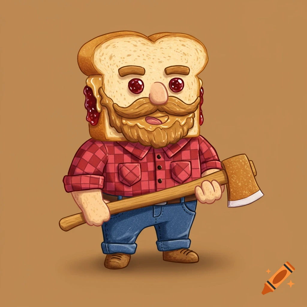 Cartoon illustration of a peanut butter and jelly sandwich character dressed as a lumberjack and holding an axe.