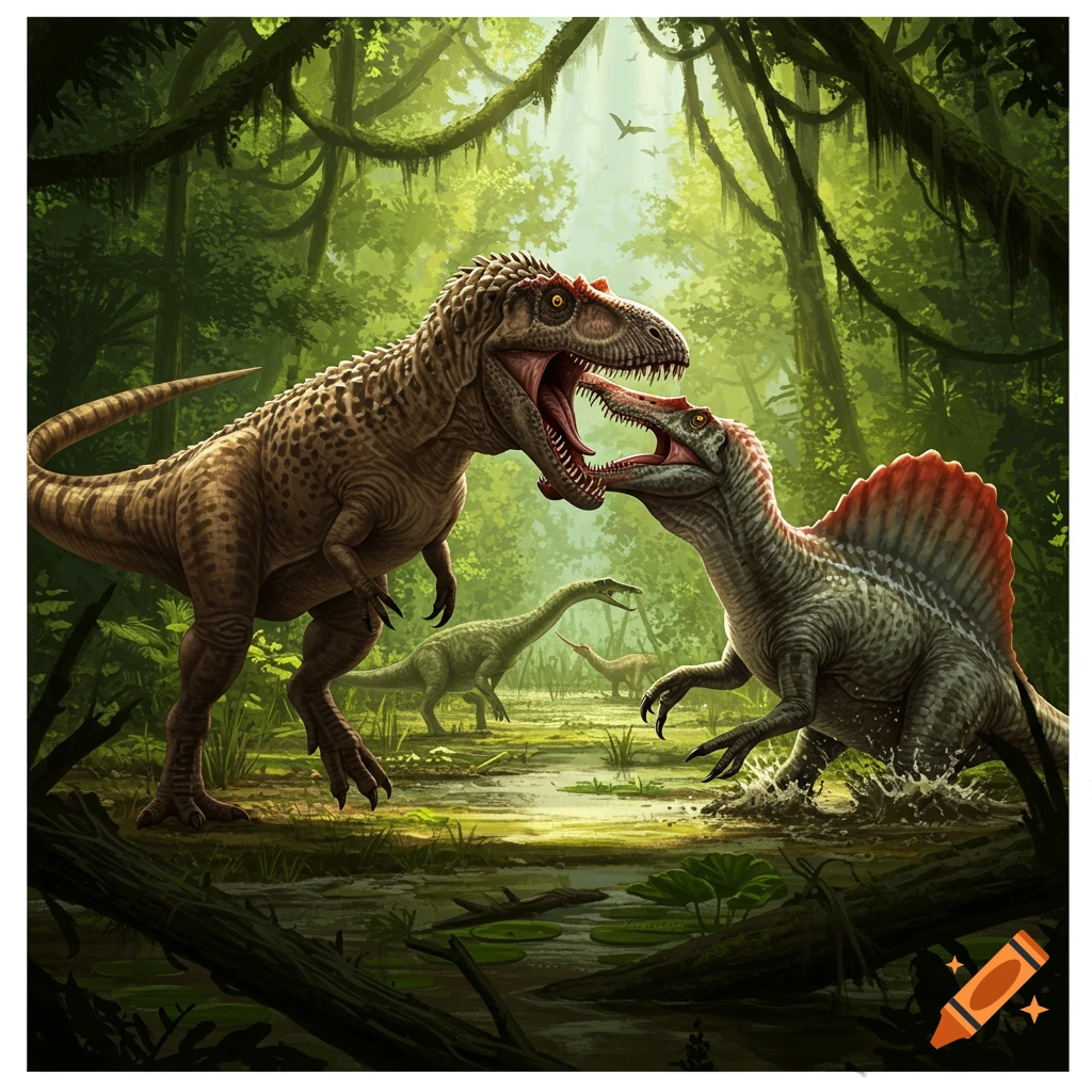 Two dinosaurs, a Majungasaurus and a Spinosaurus, battling in a lush prehistoric jungle swamp.