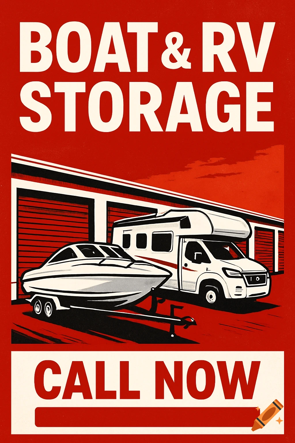 Illustration of a boat and RV in front of storage units with text 'BOAT & RV STORAGE' and 'CALL NOW'.