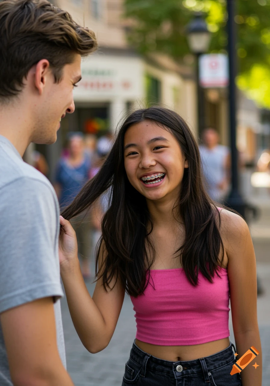 Asian girl with braces in pink crop top twirls her hair while talking to a tall white man on a street.