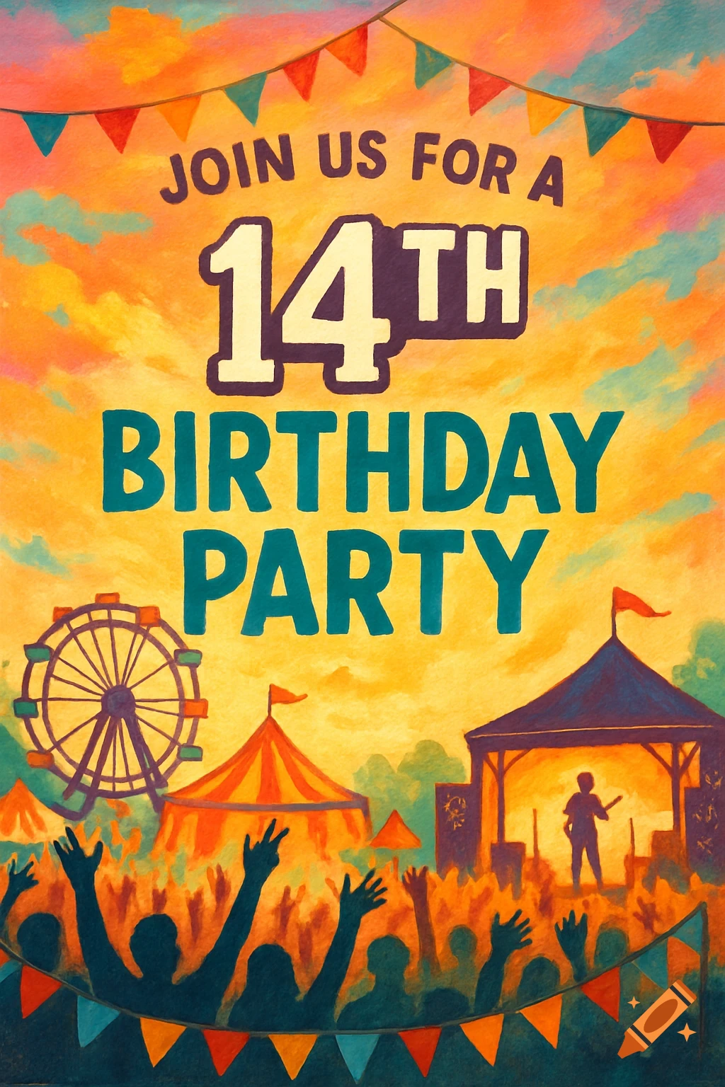 A colorful, painted-style invitation featuring a festival or carnival scene with a Ferris wheel and crowd, text reads 'JOIN US FOR A 14TH BIRTHDAY PARTY'.