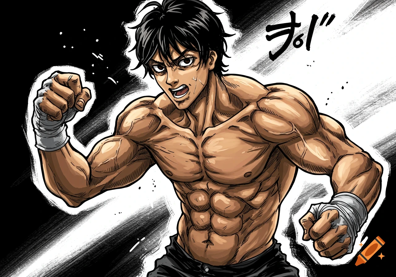 A muscular man in a fighting stance, rendered in a dynamic anime/manga style with Japanese characters.