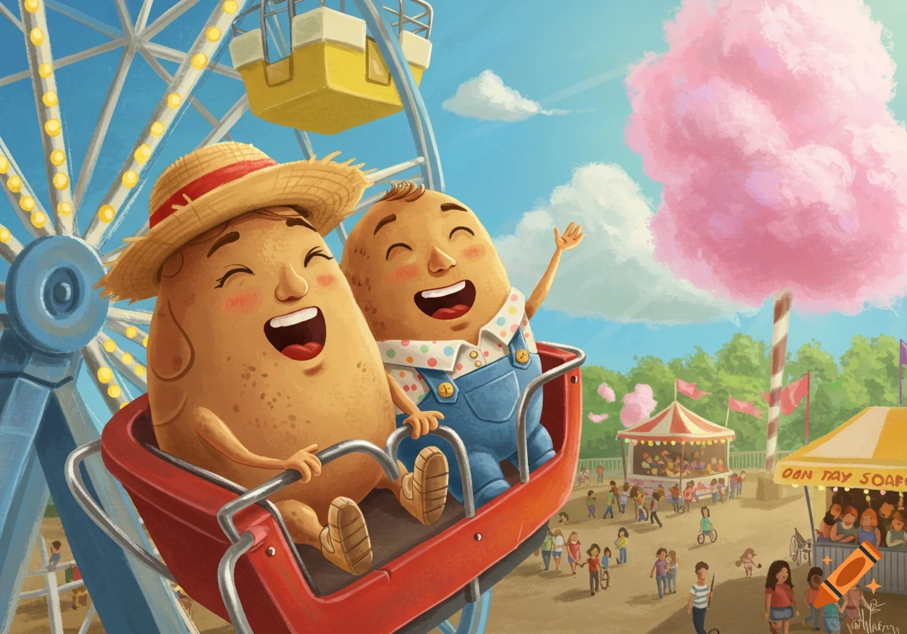 Two happy cartoon potatoes ride a red ferris wheel car at a sunny fair.