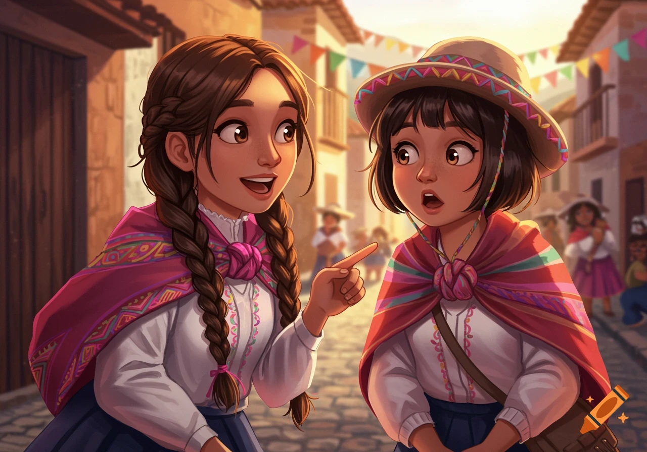 Two girls in traditional clothing talk excitedly on a decorated street in a stylized illustration.